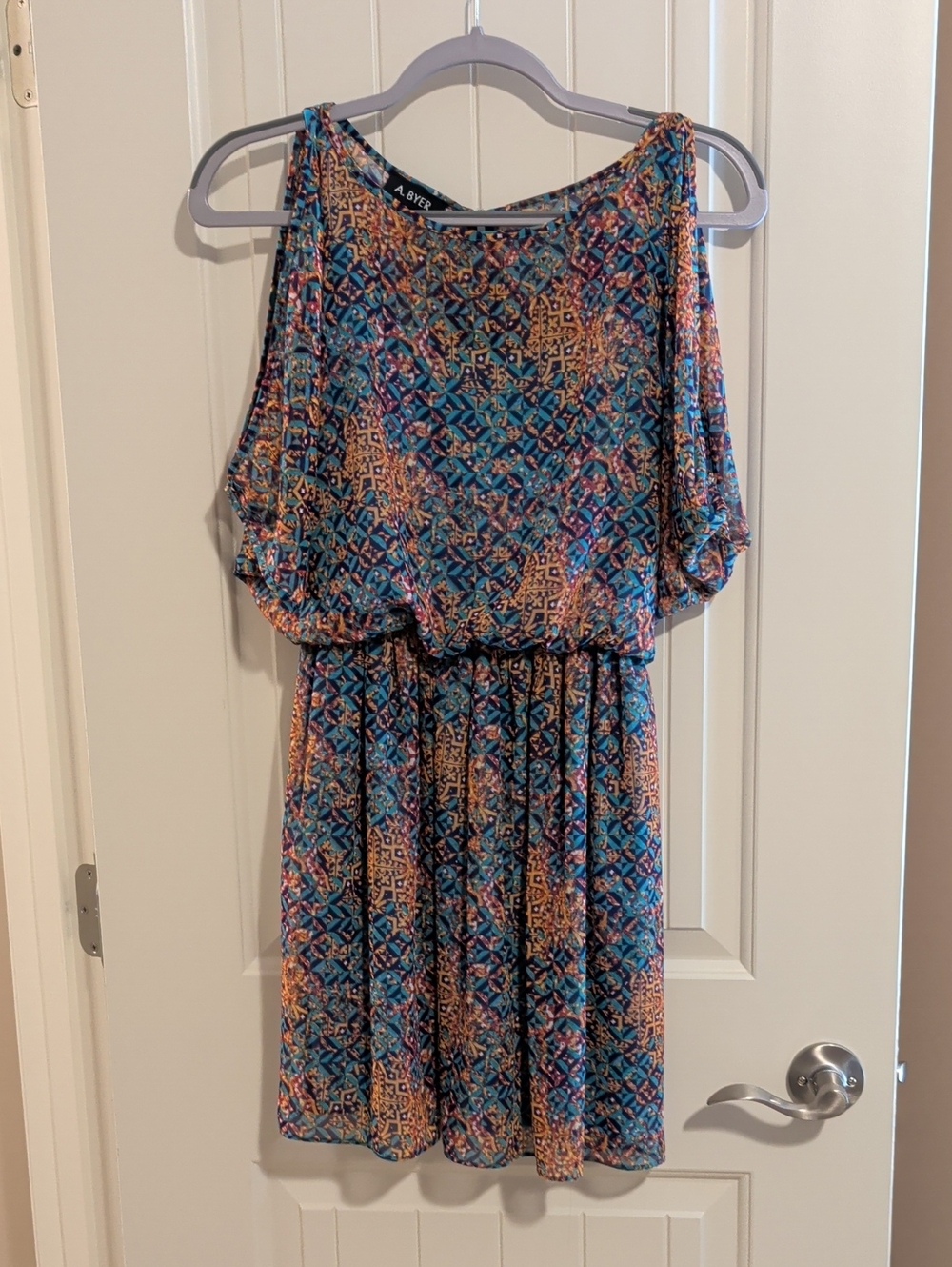 A. Byer Blue & Orange Geometric Mini Dress